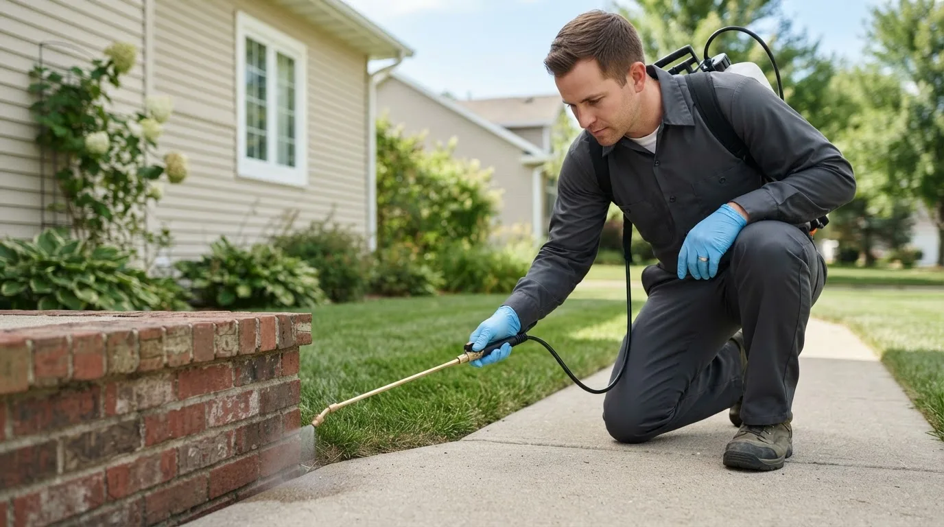 Pest control technician treating a home near Clayton, WI
