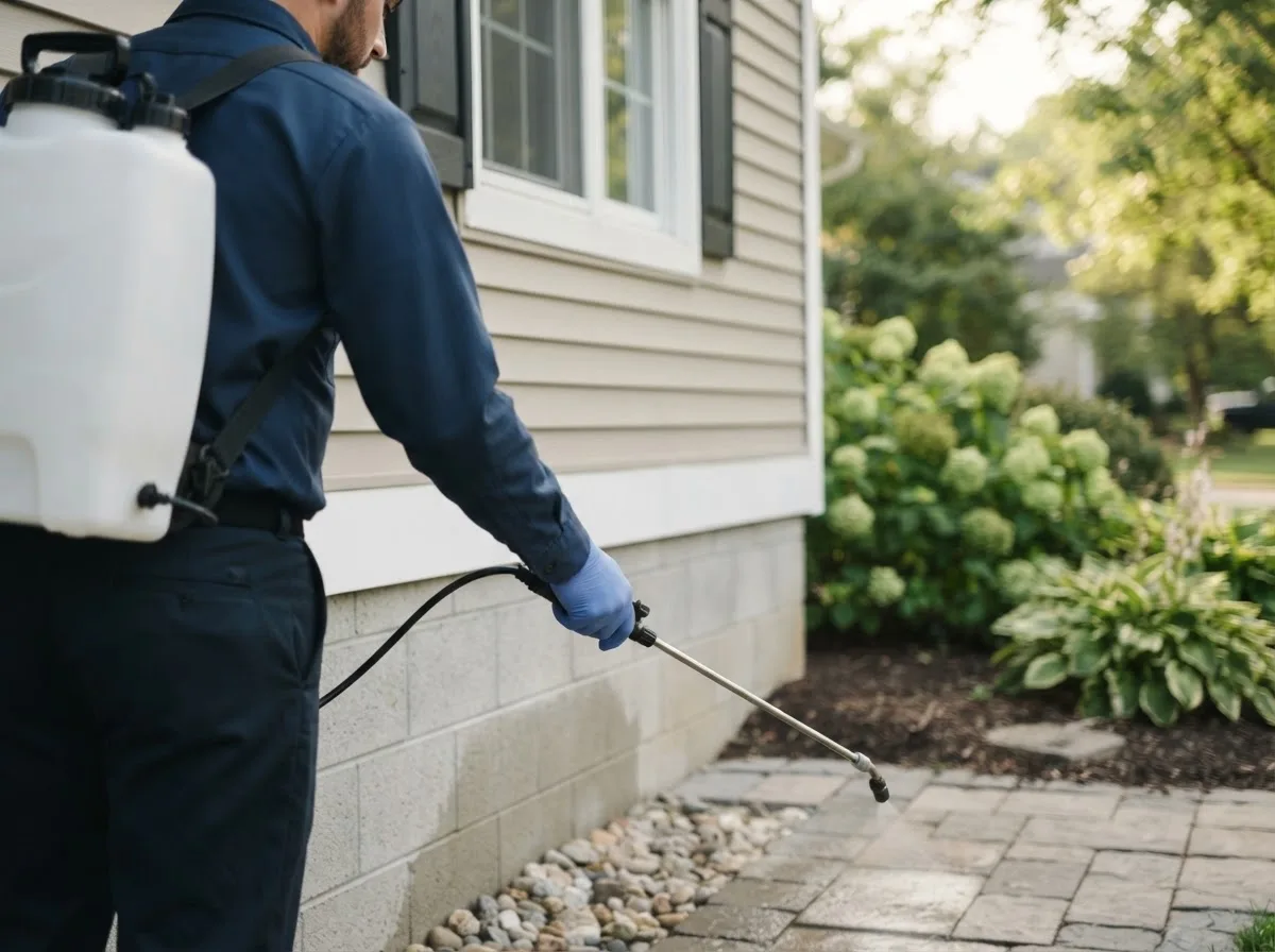 Pest control technician inspecting a home in Clayton, WI
